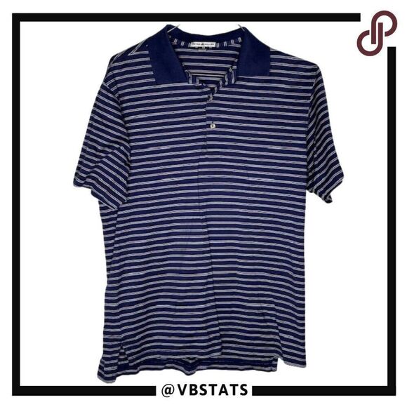 Peter Millar Medium Navy/Pink/White Striped Golf Polo - Picture 1 of 6